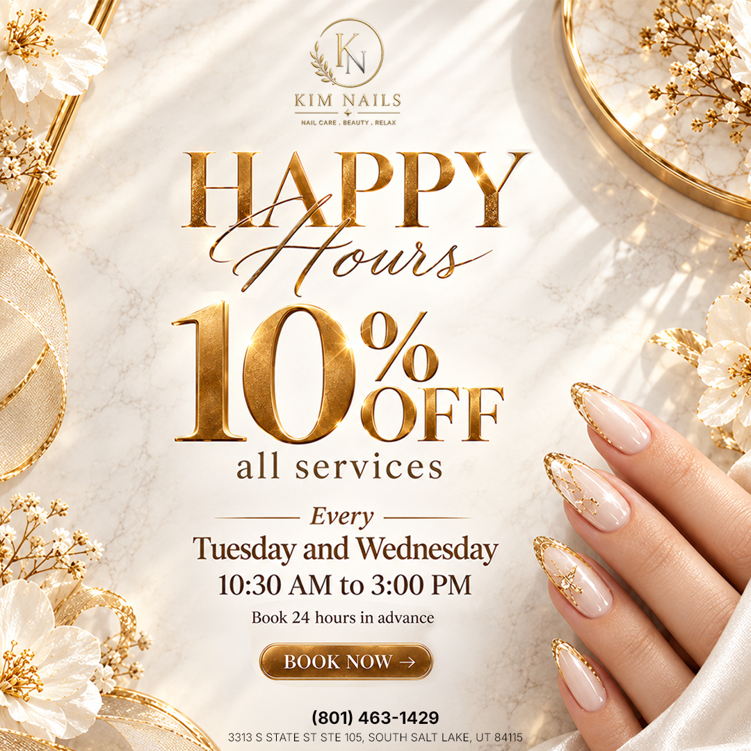 Happy Hours: 10 percent off all services every Tuesday and Wednesday from 10:30 AM to 3 PM when booked 24 hours in advance