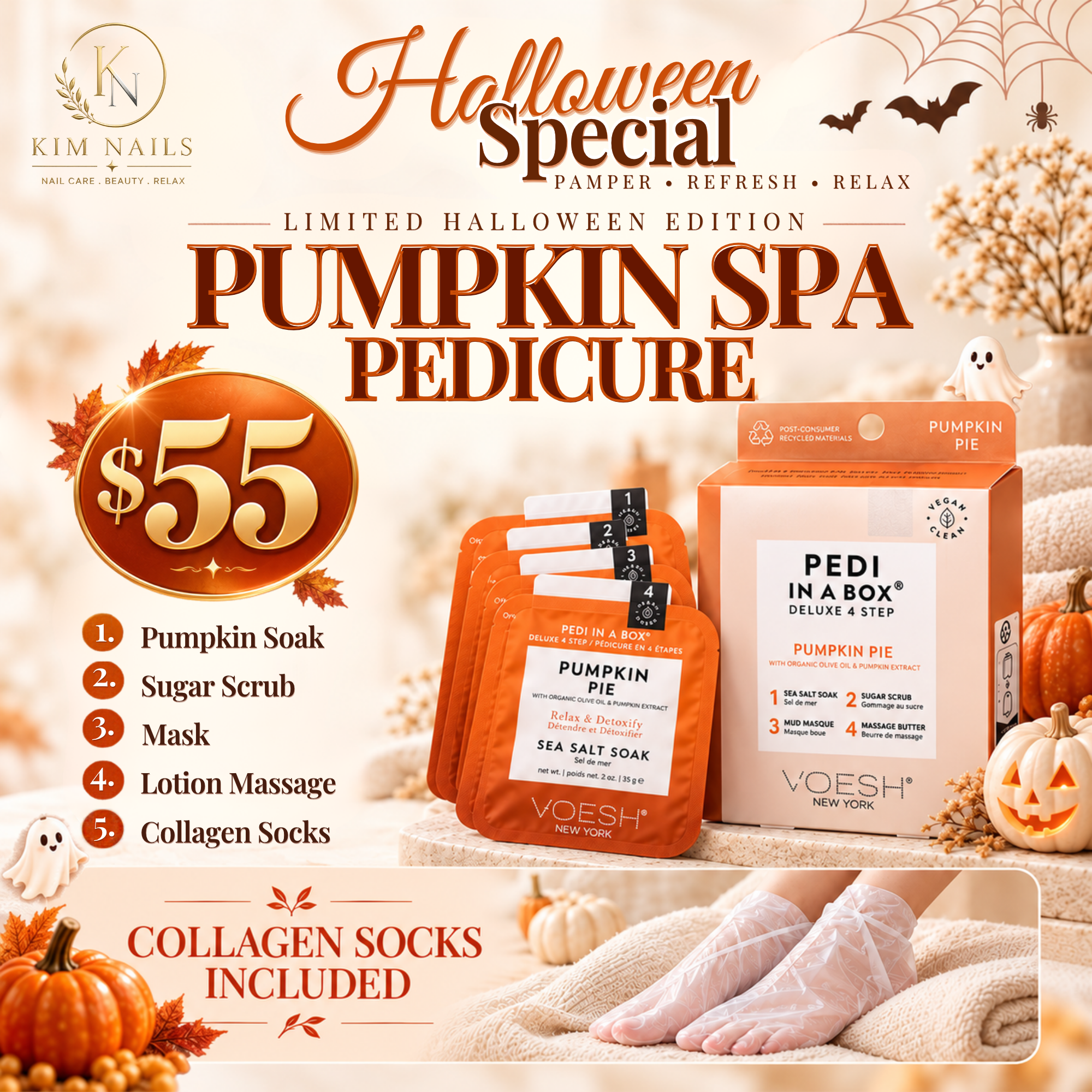Halloween special: Pumpkin Spa Pedicure for 55 dollars with collagen socks included